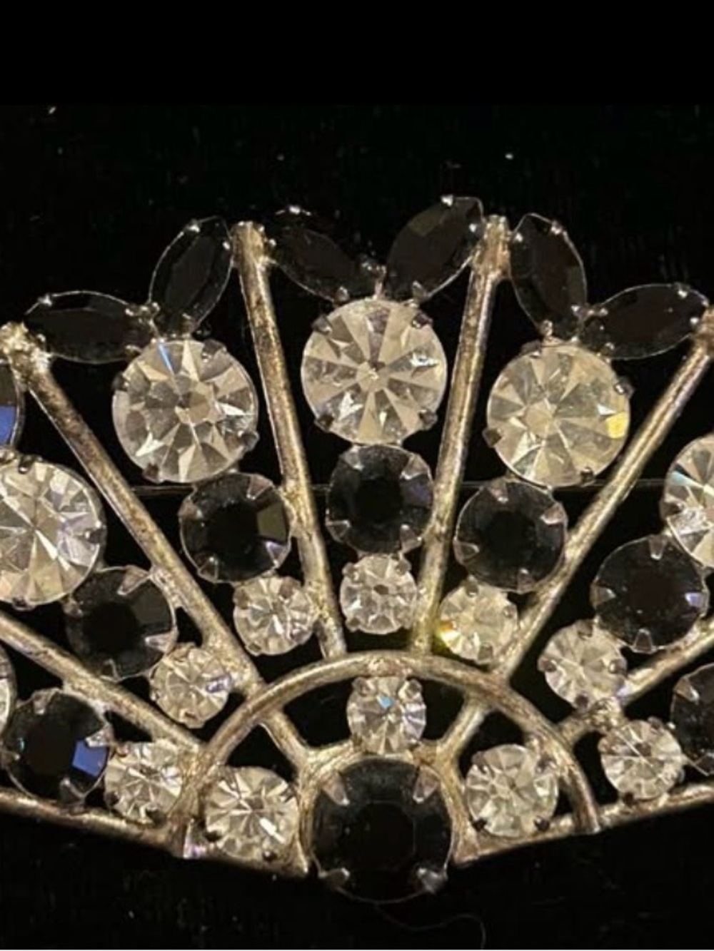 Vintage Black and White Rhinestones Fan Brooch Pin